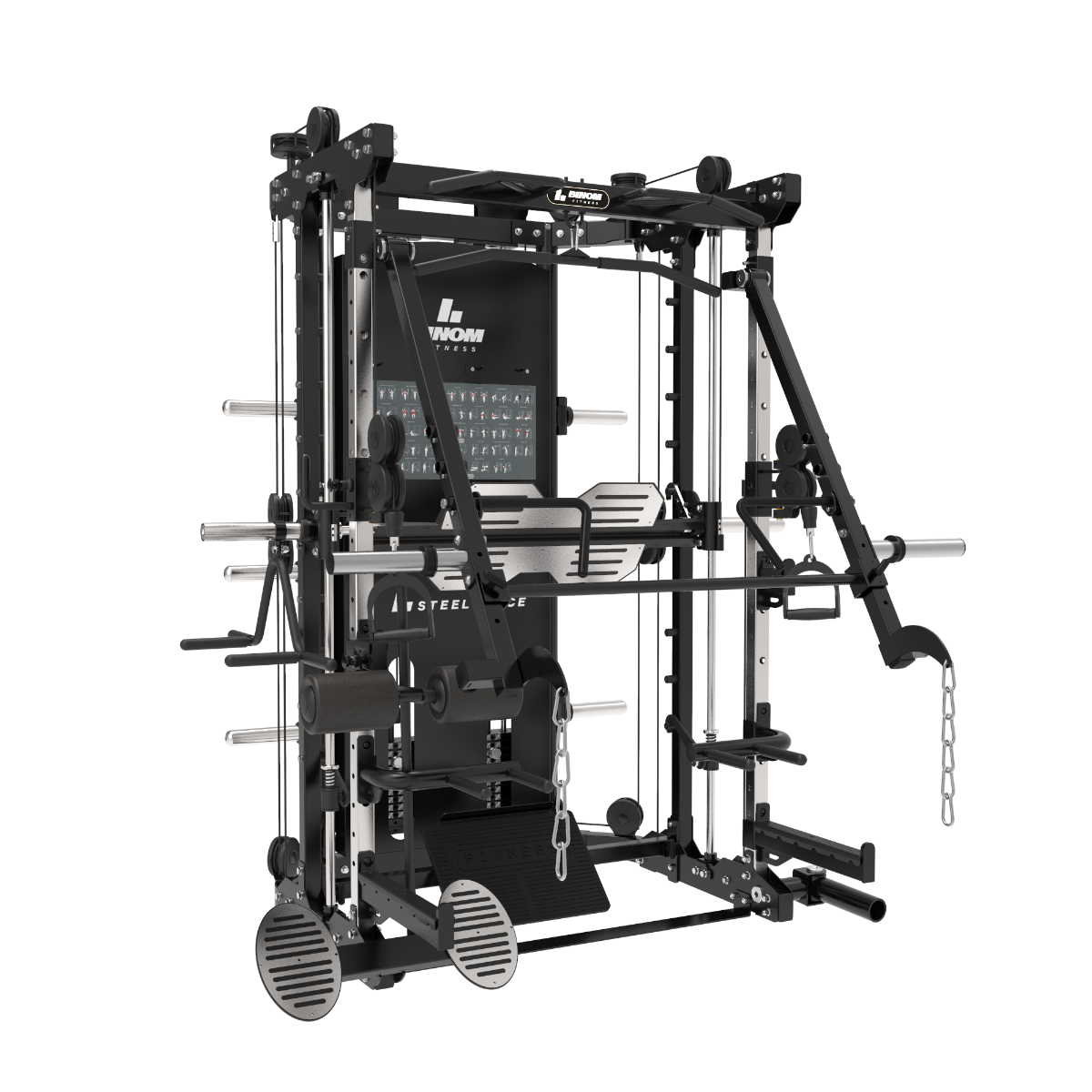 Multigym B12-V2 Mobile Arms, Doppia Puleggia (100 Kg x2), Power Rack, Leg Press, Multipower, Vogatore e accessori